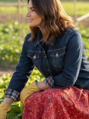 Coldwater Creek Dark Wash Denim Jacket with Plaid Accents and Button Pockets  M
